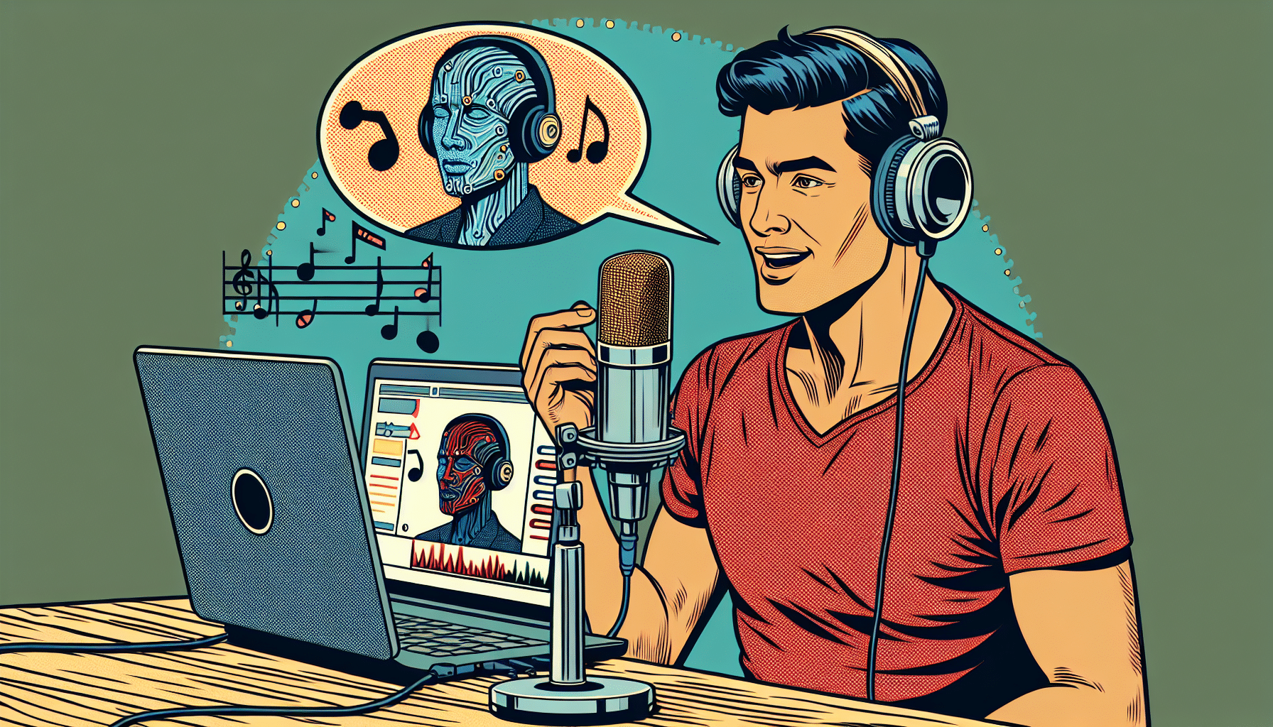 Ein Mann mit Kopfhörern sitzt vor einem Mikrofon und singt, während eine KI-Software auf einem Laptop seine Stimme analysiert und verändert., moderner Comic, DC, Marvel
