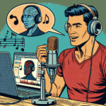 Ein Mann mit Kopfhörern sitzt vor einem Mikrofon und singt, während eine KI-Software auf einem Laptop seine Stimme analysiert und verändert., moderner Comic, DC, Marvel