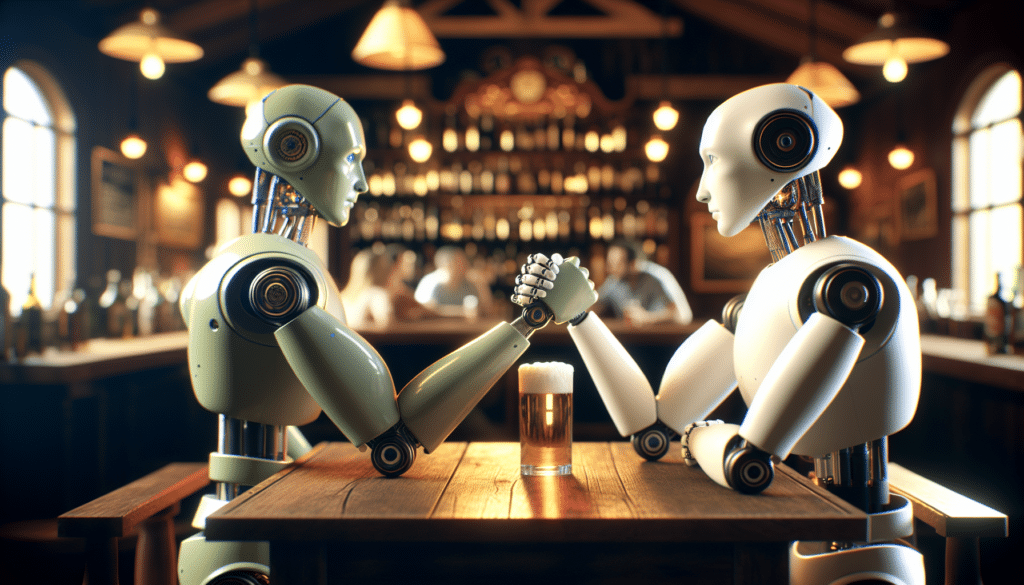 Zwei humanoide Roboter, einer hellgrün, einer hellgrau, in einer Kneipe beim Armdrücken, symbolisch für KI-Chatbot Claude, der ChatGPT herausfordert