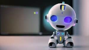 light grey humanoid robot staring at youtube-logo on computerscreen in modern office