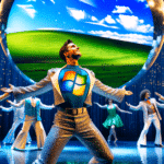 Apple will KI ohne Cloud, Microsoft und OpenAI werden verklagt, und ein verschollenes Musical ist wieder da Ein Broadway-Star in glitzerndem Kostüm, stolz auf einer Bühne stehend, das Windows XP-Logo glänzend auf seinem Hemd. Im Hintergrund tanzen weitere Darsteller in Computerfenster-Kostümen unter einer Diskokugel, die das Microsoft-Logo reflektiert, professional photography, bokeh, natural lighting, canon lens, shot on dslr 64 megapixels sharp focus, detailed matte painting