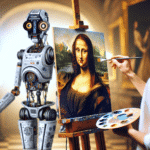 Ein Künstler mit Staffelei malt ein Porträt von Eliza, die als freundliche Figur mit einem Menschenkopf und einem alten Computerkörper dargestellt ist, während GPT-3.5, dargestellt als komplexer Roboter, im Hintergrund steht und noch unfertig aussieht, professional photography, bokeh, natural lighting, canon lens, shot on dslr 64 megapixels sharp focus, detailed matte painting