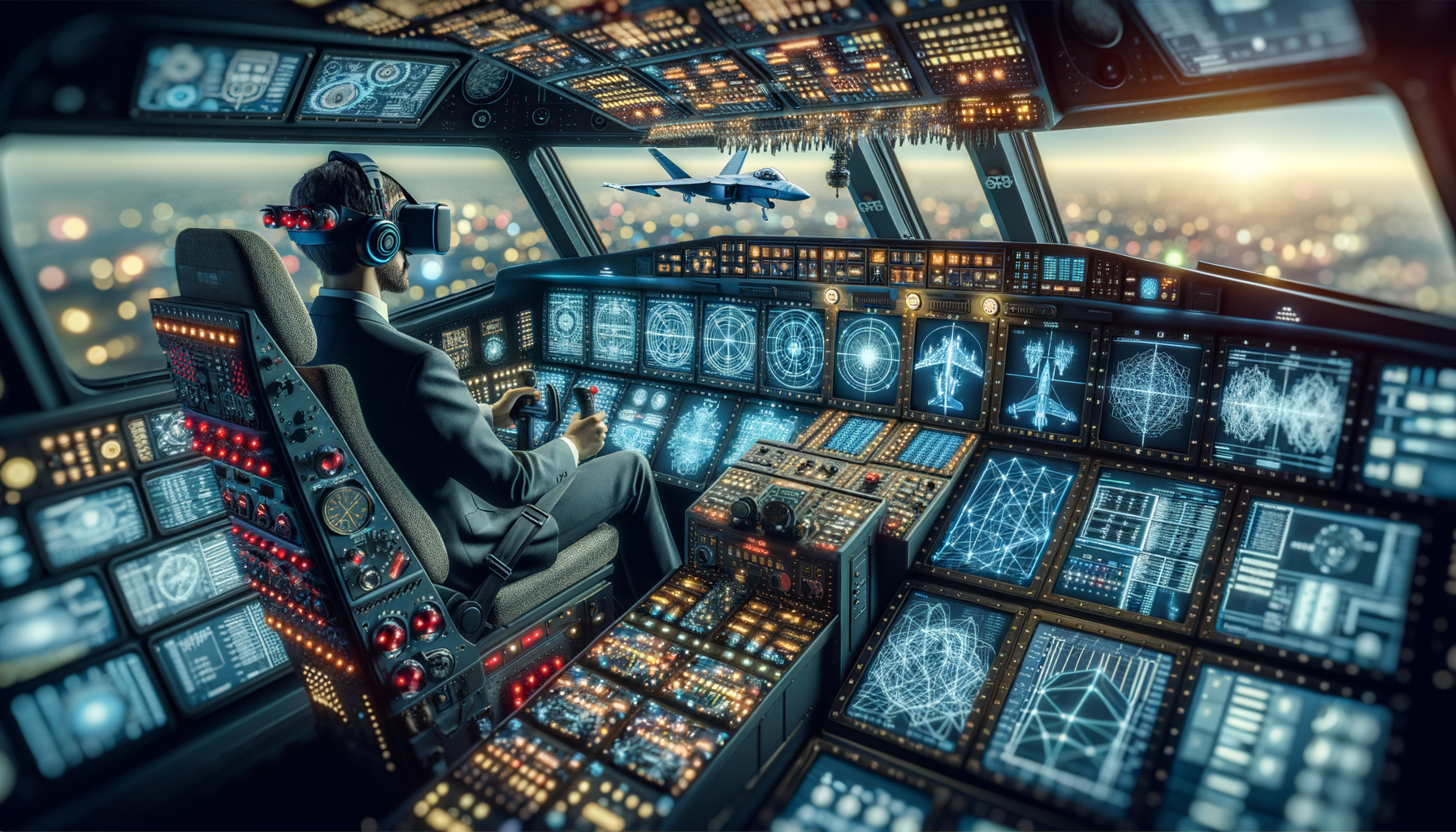 Ein Cockpit voller Monitore und Armaturen, auf denen verschiedene Analysediagramme und KI-Leistungsindikatoren abgebildet sind. Im Pilotensitz sitzt eine Figur mit VR-Brille und Headset, die das KI-Modell-Bedienfeld steuert., professional photography, bokeh, natural lighting, canon lens, shot on dslr 64 megapixels sharp focus, detailed matte painting