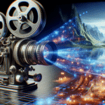 Quantensprünge bei Video-KI, Deepfake-Satire, Cookie-Aus und mehr Ein altes Filmprojektor-Gerät, das modernisiert dargestellt wird, während es eine futuristische Hologramm-Leinwand mit KI-generierten Szenen projiziert, professional photography, bokeh, natural lighting, canon lens, shot on dslr 64 megapixels sharp focus, detailed matte painting