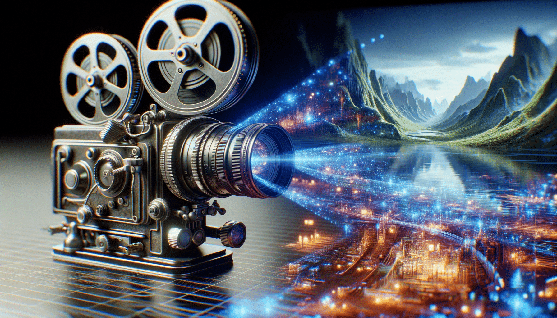 Ein altes Filmprojektor-Gerät, das modernisiert dargestellt wird, während es eine futuristische Hologramm-Leinwand mit KI-generierten Szenen projiziert, professional photography, bokeh, natural lighting, canon lens, shot on dslr 64 megapixels sharp focus, detailed matte painting