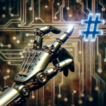 Eine mechanische Roboterhand, die präzise nach einem technologisch-stilisierten Hashtag greift, vor einem Hintergrund aus Schaltkreisen und binären Code-Sequenzen, professional photography, bokeh, natural lighting, canon lens, shot on dslr 64 megapixels sharp focus, detailed matte painting