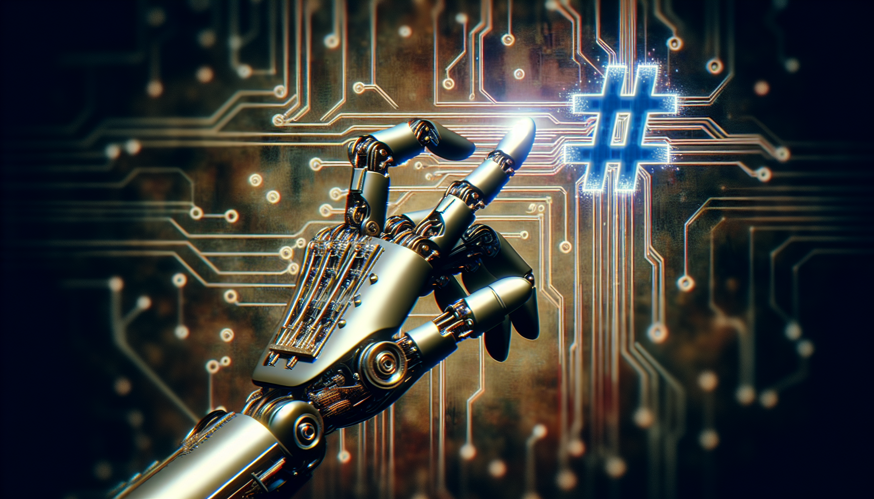 Eine mechanische Roboterhand, die präzise nach einem technologisch-stilisierten Hashtag greift, vor einem Hintergrund aus Schaltkreisen und binären Code-Sequenzen, professional photography, bokeh, natural lighting, canon lens, shot on dslr 64 megapixels sharp focus, detailed matte painting