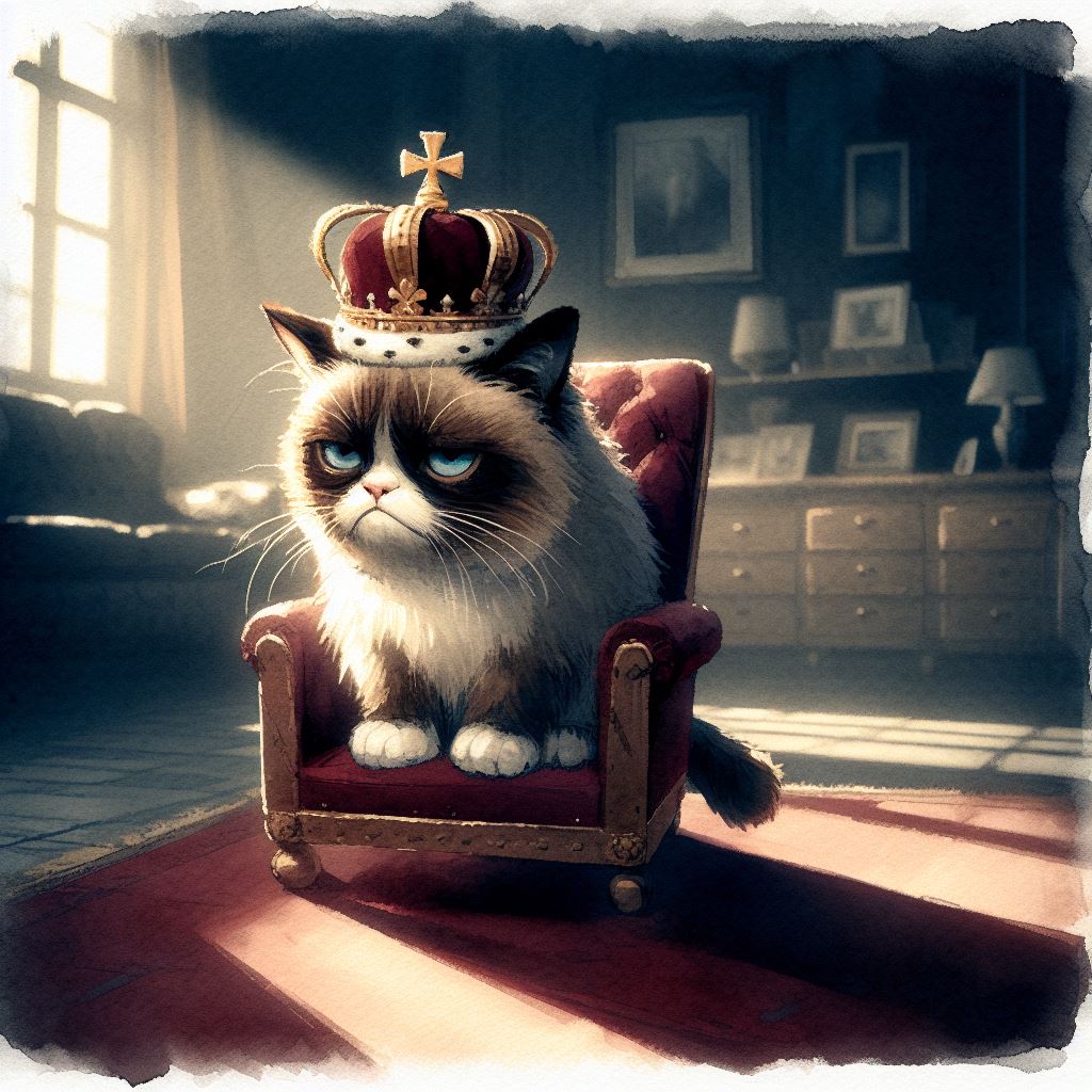 Schlechtgelaunte Katze mit Krone auf einem Sessel, Bild-Prompt mit dem hier nutzbaren Bild-Prompt-Generator erstellt, Bild generiert mit DALL-E 3