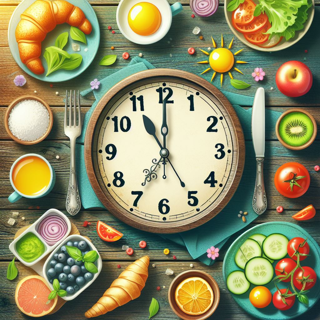 Analoge Uhr, die 11 Uhr zeigt, zwischen Messer und Gabel, umgeben von verschiedenen Lebensmitteln wie Croissants, Tomaten und Früchten, Bild-Prompt mit dem hier nutzbaren Bild-Prompt-Generator erstellt, Bild generiert mit DALL-E 3