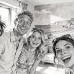 BGH: Fototapeten im Netz zeigen ist keine Urheberrechtsverletzung Eine Gruppe von Freunden lächelt in die Kamera, im Hintergrund eine Fototapete an der Wand einer Ferienwohnung - Bleistiftkarikatur