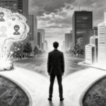 Rasanter Richtungswechsel: KI-Startup Aleph Alpha verschiebt Fokus auf KI-Betriebssystem Manager an einer Weggabel, links geht es zu dem LLMs, rechts zu den Betriebssystemen - Bleistiftkarikatur