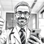 Kein Hirntumor, kein Problem? Von Materie, Geist und Mobilfunk Ein Arzt zeigt einen nach oben gerichteten Daumen, während er ein Smartphone in der anderen Hand hält - Bleistiftkarikatur