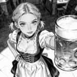 KI für Deutschland-Touristen? Bloß keine Reisetipps von Emma! Künstlich wirkende Frau im Dirndl hebt einen Maßkrug in die Höhe - Bleistiftkarikatur