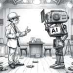 Drehbücher prompten: Text-zu-Video-KI Sora wird öffentlich Regisseur diskutiert in seinem Büro mit einer Roboter-Kamera, beschriftet mit AI. Bleistiftkarikatur