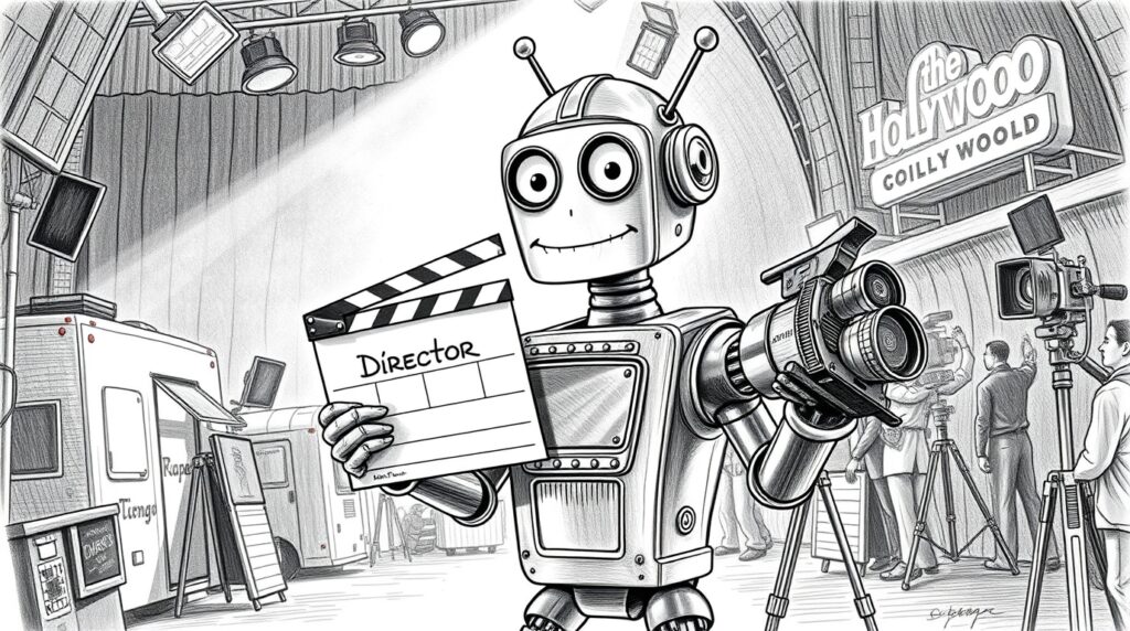 Karikatur eines Roboters, der eine Filmklappe und eine Kamera hält, im Hintergrund ein Filmset. Die Zeichnung symbolisiert Text-zu-Video-KI.