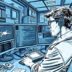 Deepmind-Mitarbeiter rebellieren: Gewerkschaft gegen Militär-KI Farbstift-Zeichnung eines Mannes, der vor einer Reihe von Bildschirmen sitzt. Zwei zeigen militärische Drohnen, die übrigen Code.