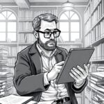 NotebookLM: KI-Tool findet Quellen jetzt selbst Ein Mann sitzt in einer Bibliothek und recherchiert mit NotebookLM auf seinem Tablet, Bleistiftzeichnung