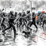 Ein wichtiger Thriller: „Views“ von Marc-Uwe Kling Bleistiftzeichnung, Zusammenstoß zwischen massiven Polizeikräften und Demonstrierenden, in der Mitte ein verwirrter, kleiner Hund