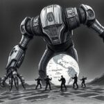 Wikipedia stoppt KI-Zusammenfassungen nach Redaktions-Revolte Bleistiftzeichnung: Ein gigantischer Roboter nähert sich einer mit "Wikipedia" beschriebenen Weltkugel, die von als Silhouetten dargestellten Menschen verteidigt wird. Das Bild symbolisiert den Widerstand der Wikipedia-Autoren gegen die Einführung von KI-Zusammenfassungen.