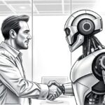 Spotify-Hype um KI-Band "The Velvet Sundown" Karikatur eines Managers beim Handschlag mit einem humanoiden Roboter