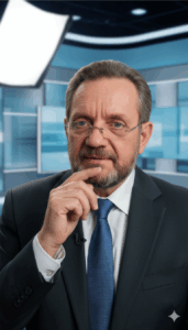 Dirk Bongardt, Bart, randlose Brille, dunkler Anzug, blaue Krawatte, in Studio-Umgebung