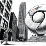 Showdown um Chrome: Wer will Googles Milliarden-Browser? Bleistiftkarikatur, ein riesiges Chrome-Emblem in einer Straße, auf einem Podest.