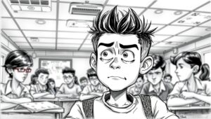 Sind die Study Modes der KI von Gemini echte Lernbegleiter? Karikatur eines Schülers, der kritisch über seinen Umgang mit KI nachdenkt