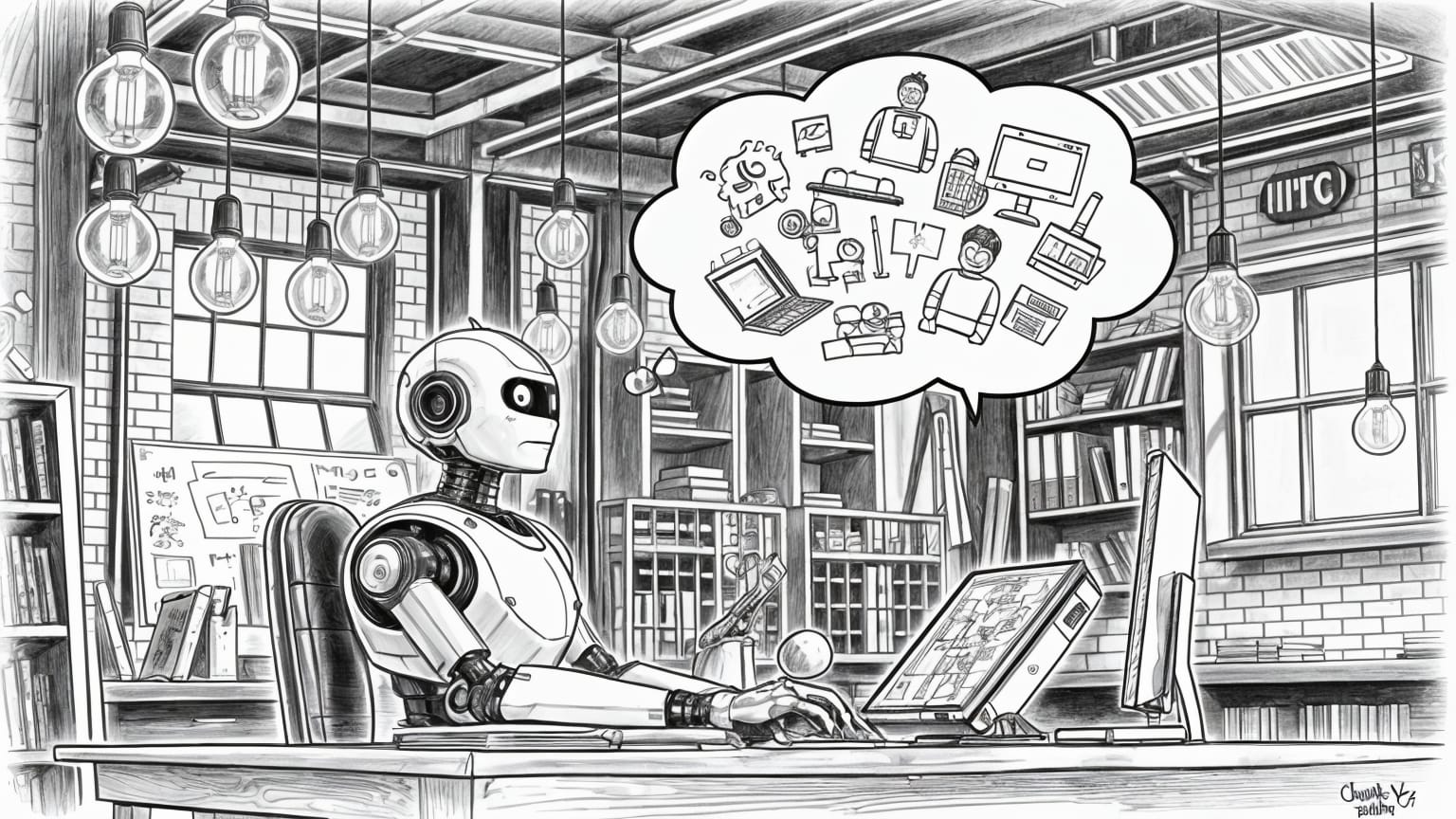 Ein Roboter sitzt an einem Schreibtisch in einer Werkstatt, über seinem Kopf eine Gedankenblase mit verschiedenen grafischen Symbolen - Bleistiftkarikatur