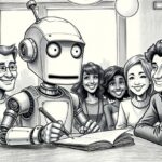Schmeicheleien und Gruppenzwang: So manipulierbar sind Chatbots Karikatur eines Roboters, der von einer Gruppe von Menschen umgeben, Geheimnisse aufschreibt.