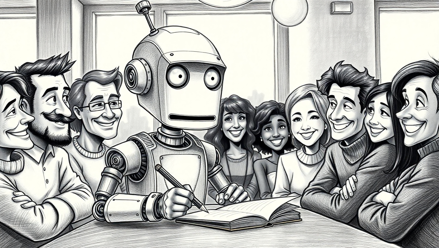 Karikatur eines Roboters, der von einer Gruppe von Menschen umgeben, Geheimnisse aufschreibt.