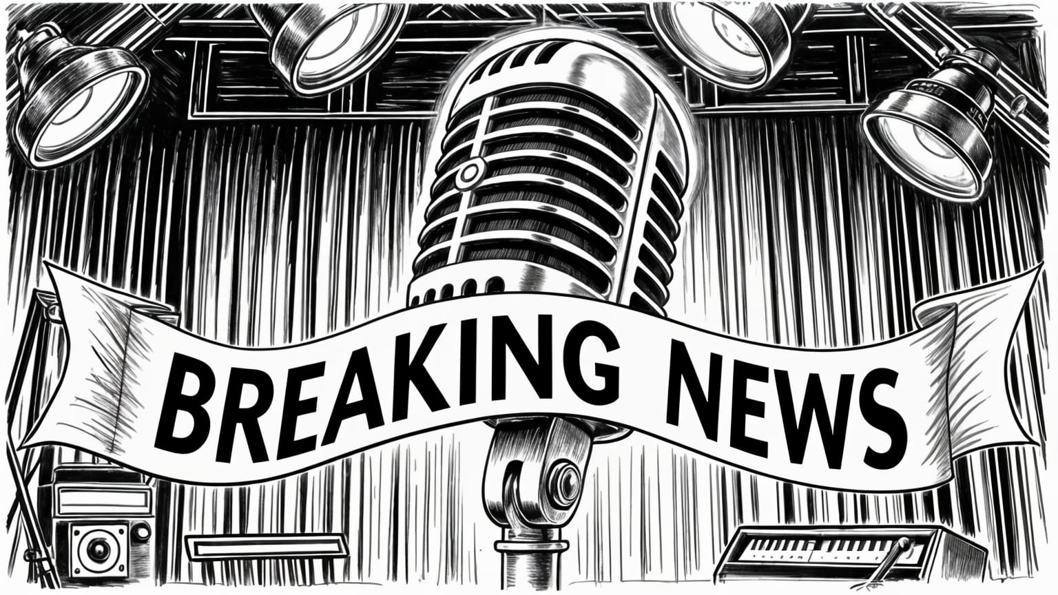 Ein Rundfunkmikrofon im Studio, davor ein Banner, beschriftet mit "Breaking News", Bleistiftkarikatur