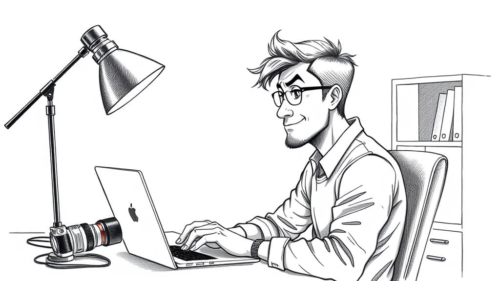 Ein Influencer sitzt an seinem Schreibtisch vor einem Notebook. Auf dem Tisch eine Lampe und eine Kamera. Bleistiftzeichnung.