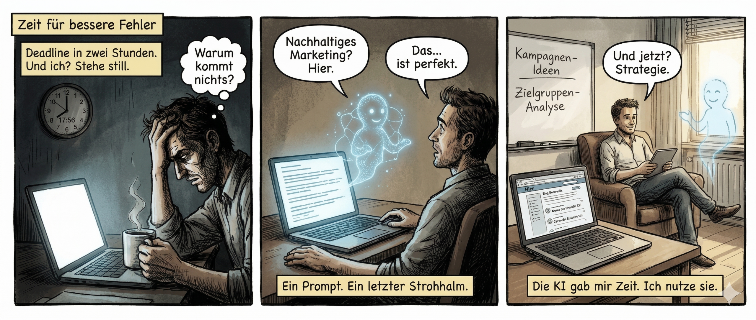 Der Comic zeigt einen Marketing-Profi, der KI nutzt, um die Zeit bis zur Deadline optimal zu nutzen.