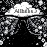 Bleistiftzeichnung einer Brille, auf die zahlreiche App-Symbole zufliegen, dahinter eine Wolke, die mit Alibaba beschriftet ist - Symbolbild für die Alibaba Quark AI Glasses