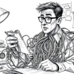 Ein Journalist, behangen mit Kabeln, blickt verwirrt auf einen Notizblock - Bleistiftkarikatur