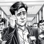 Google-KI Gemma: Googles neue Fehlerkultur kommt ohne Rückgrat aus Ein sich sichtlich unbehaglich fühlender Manager, umringt von Journalisten mit Mikrofonen - eine Karikatur, die sich mit dem Aus für die Google-KI Gemma beschäftigt