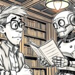 Kindle Translate: Hoffnung am Ende der Nahrungskette Ein Autor blickt überrascht, als ein Roboter ihm ein Manuskript reicht. Bleistiftkarikatur