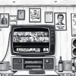 KI-freie Videokunst: Uralt-Plattform Vine kehrt zurück Ein Röhrenfernseher zeigt eine Reihe von Vorschaubildchen für Kurzvideos von Vine / diVine - Bleistiftkarikatur