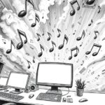 Musiknoten umschwirren einen Desktop-PC - Bleistiftkarikatur