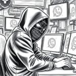 Das WhatsApp-Logo auf zahlreichen Bildschirmen, davor ein maskierter Mensch - Bleistiftkarikatur
