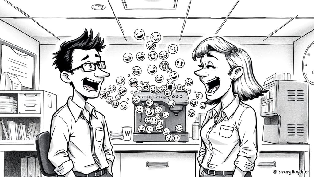 Zwei Arbeitskollegen unterhalten sich in der Teeküche, aus ihren Mündern kommen zahlreiche Emojis - Bleistiftkarikatur