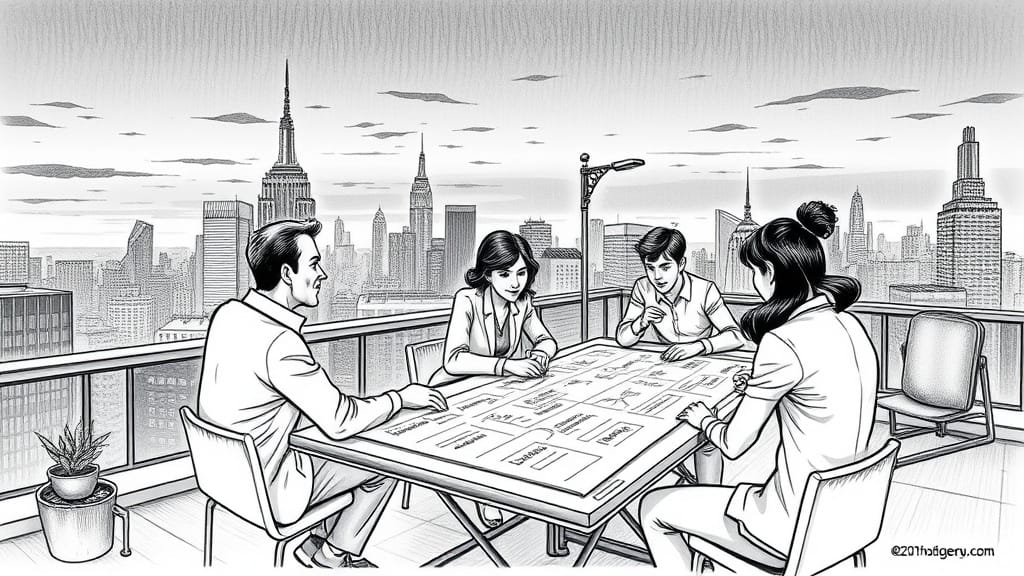 Auf einer Dachterrasse sitzen mehrere Planer über einer Entscheidungstabelle - Bleistiftzeichnung