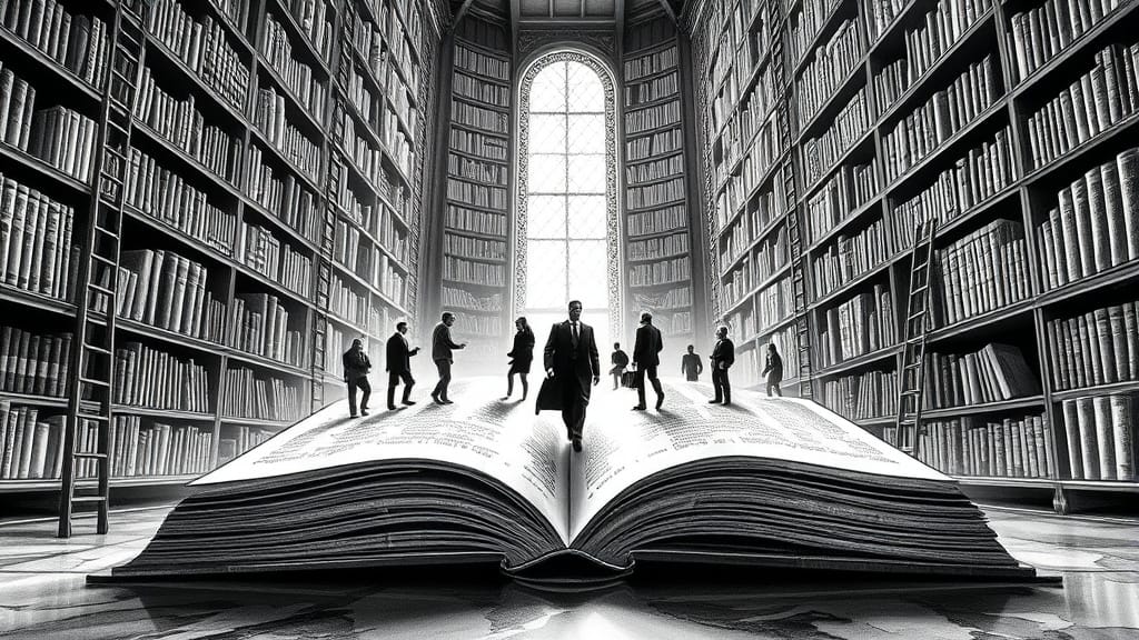KI-Sprachmodelle kennen sich mit Wörtern aus - Bleistiftzeichnung, die die Silhouetten von Personen zeigt, die über die Seiten eines gigantischen Buches wandern.
