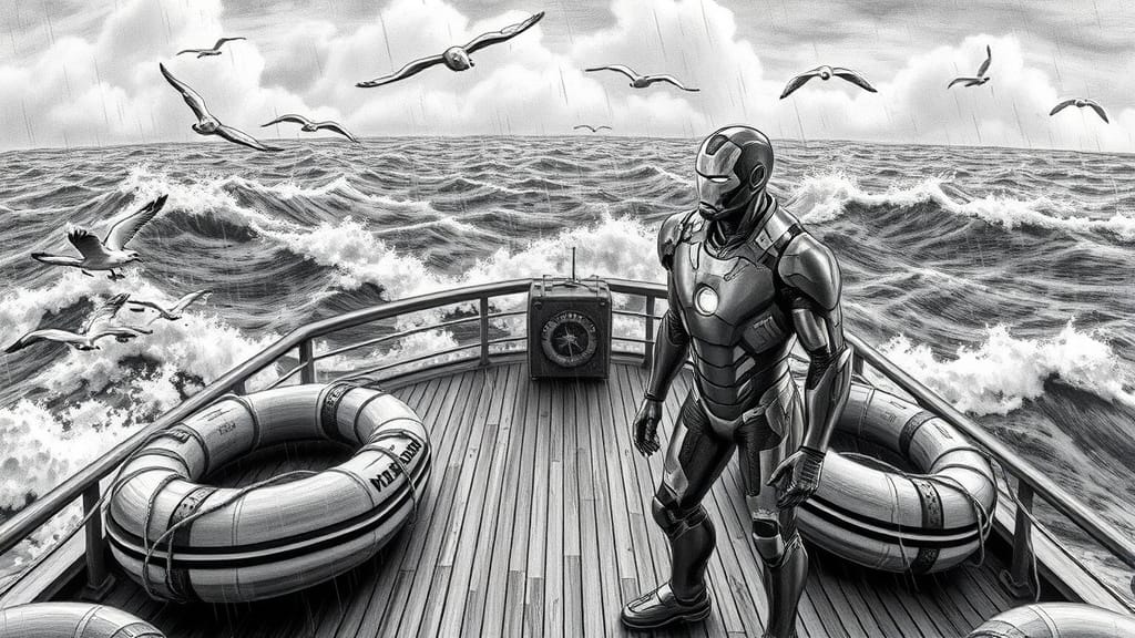 Iron Man auf dem Achterdeck eines Schiffes in stürmischer See, Möwen am Himmel, Bleistiftkarikatur