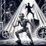 Roboter hören aufs Wort - aber vielleicht nicht auf deines Ein Roboter führt einen wilden Tanz in einer Fabrikhalle auf. Im Hintergrund eine finstere Gestalt. Bleistiftkarikatur