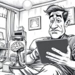 Amazons neues Kindle-Feature: Lesen verlernen in neun einfachen Schritten Ein Mann liest auf einem Kindle, sein Hirn neben ihm in einem Glas - Bleistiftkarikatur