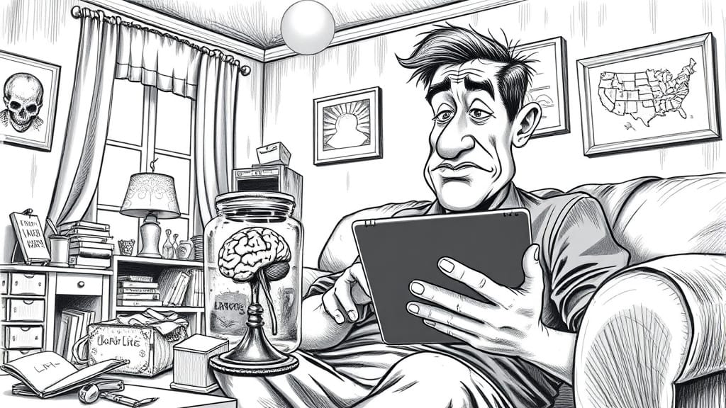 Ein Mann liest auf einem Kindle, sein Hirn neben ihm in einem Glas - Bleistiftkarikatur