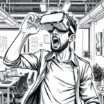Mann mit VR-Brille und frustriertem Gesichtsausdruck - Bleistiftkarikatur, die die Rückschläge für das Metaverse bildhaft darstellt