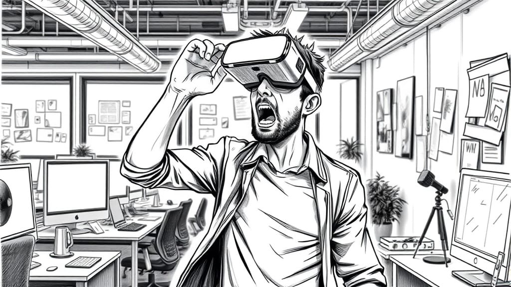 Mann mit VR-Brille und frustriertem Gesichtsausdruck - Bleistiftkarikatur, die die Rückschläge für das Metaverse bildhaft darstellt