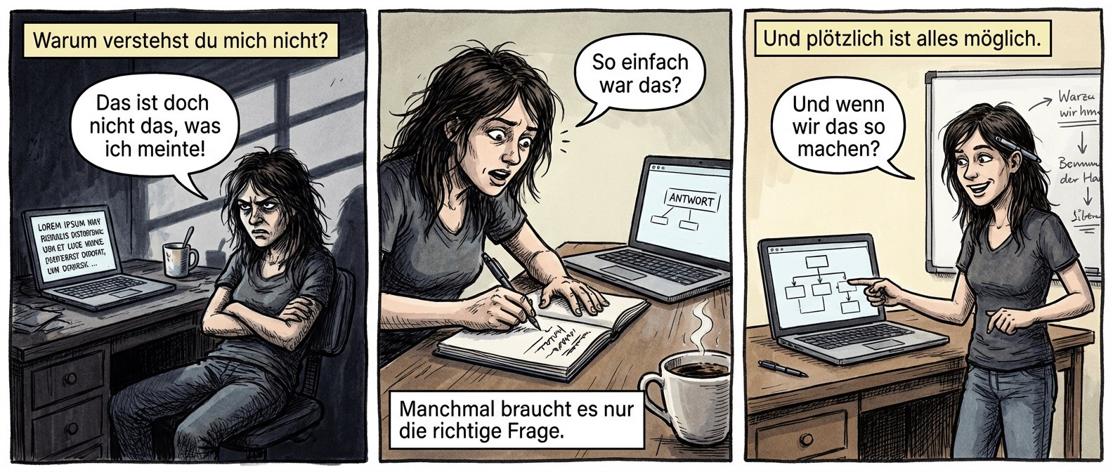 Der Comic zeigt eine frustrierte junge Frau, die von der KI nicht die richtigen Antworten bekommt - bis sie ihre Fragen gründlich plant.